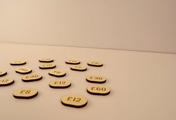 Laser Etched Plywood Price Display Signs / 3x2cm